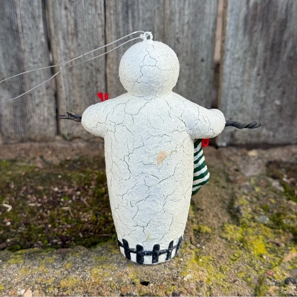 Vintage Dept 56 4” Crackle Glitter Resin Snowman Ornament Red Green Stockings